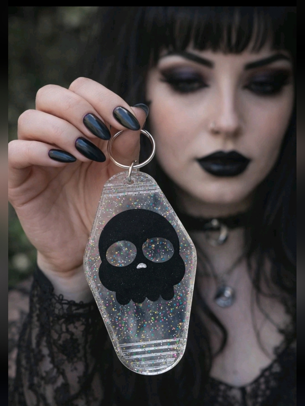 Retro Skull Motel Keychain Double Sided UV Resin Handmade Goth Cute Gift